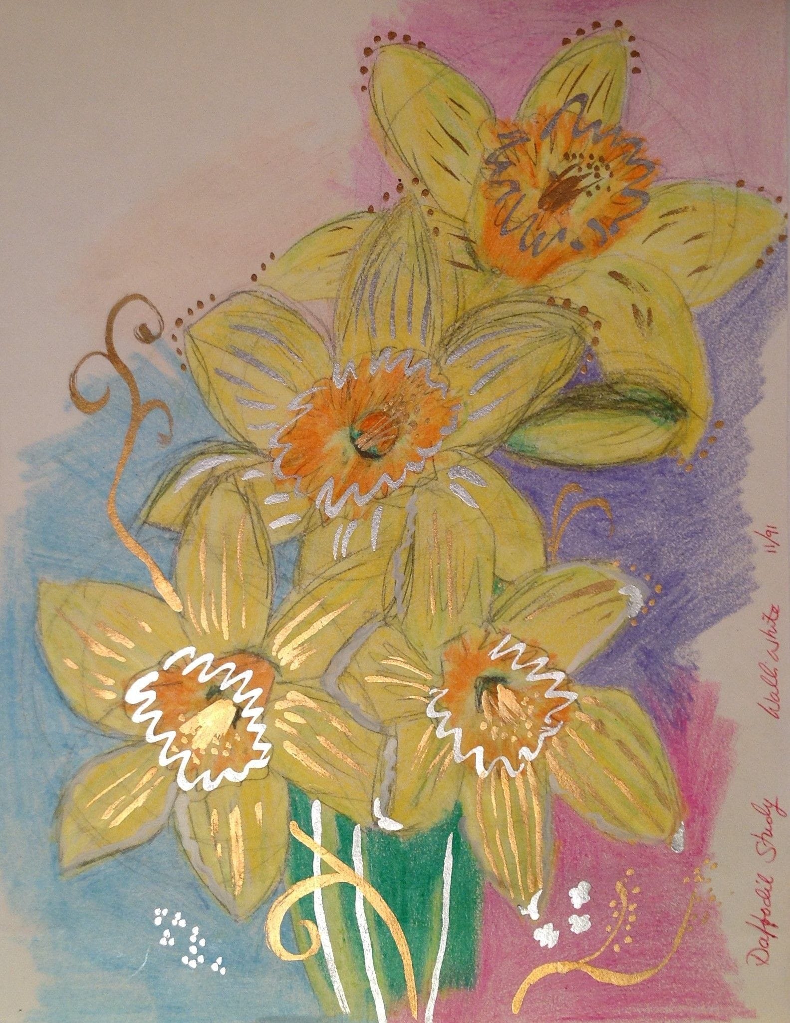 Daffodil Study, 1991
Crayon and Gold and Silver Paint on Paper
8.5"W x 11"H, Walli White, artist