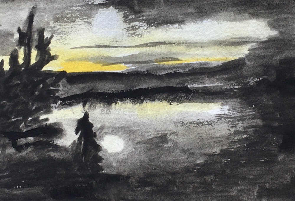 Moonlight Trail's End #22, 2023
Watercolor on Watercolor Paper
9"W x 6"W, Walli White, artist