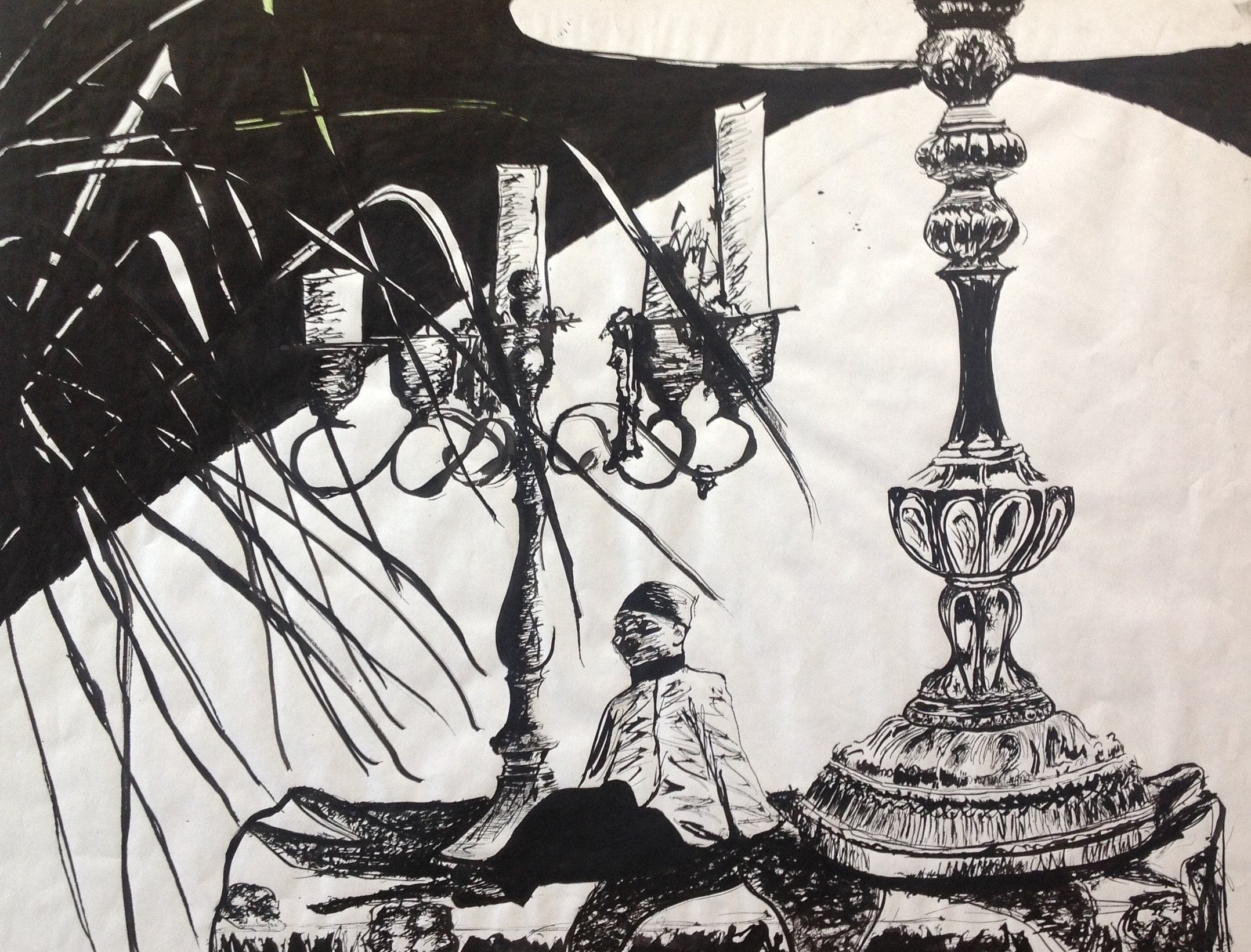 Still Life Drawn with Feathers and Twistie Ties, 1990
India Ink on Paper
20"W x 16"H, Walli White, artist