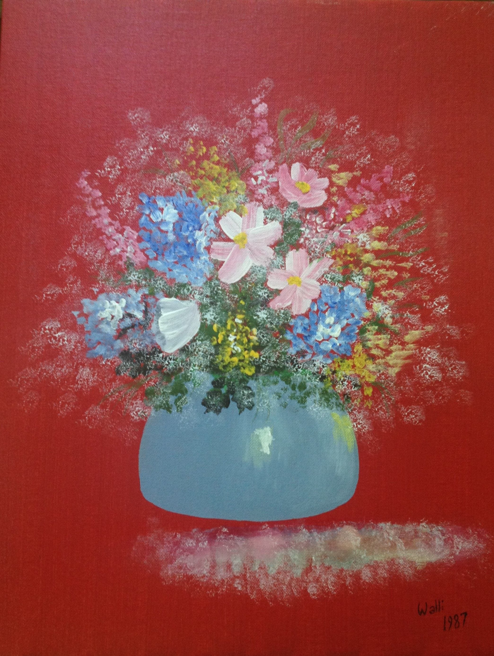 Flowers on Red, 1987
Acrylic on Canvas Board
14"W x 18"H, Walli White, artist