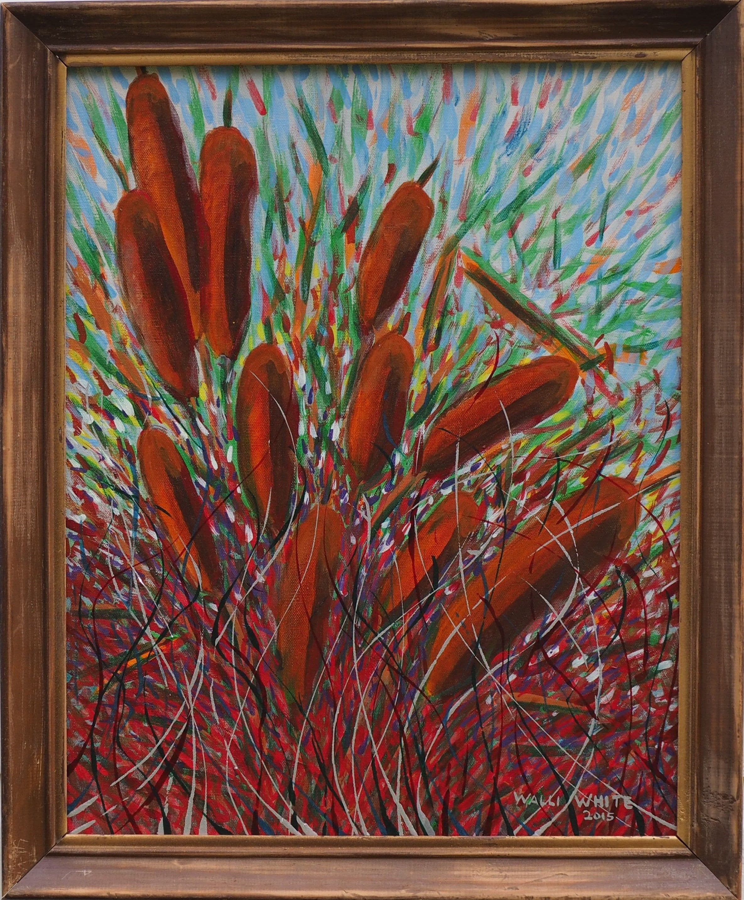 Cattails, 2015
Acrylic and Metallic Paint on Stretched Canvas
16"W x 20"H, Walli White, artist