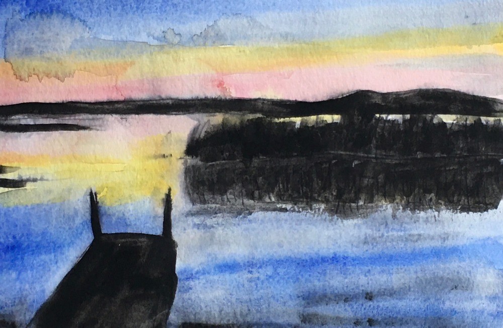 Sundown Linwood Lake, 2023
Watercolor on Watercolor Paper
9"W x 6"H,  Walli White, artist