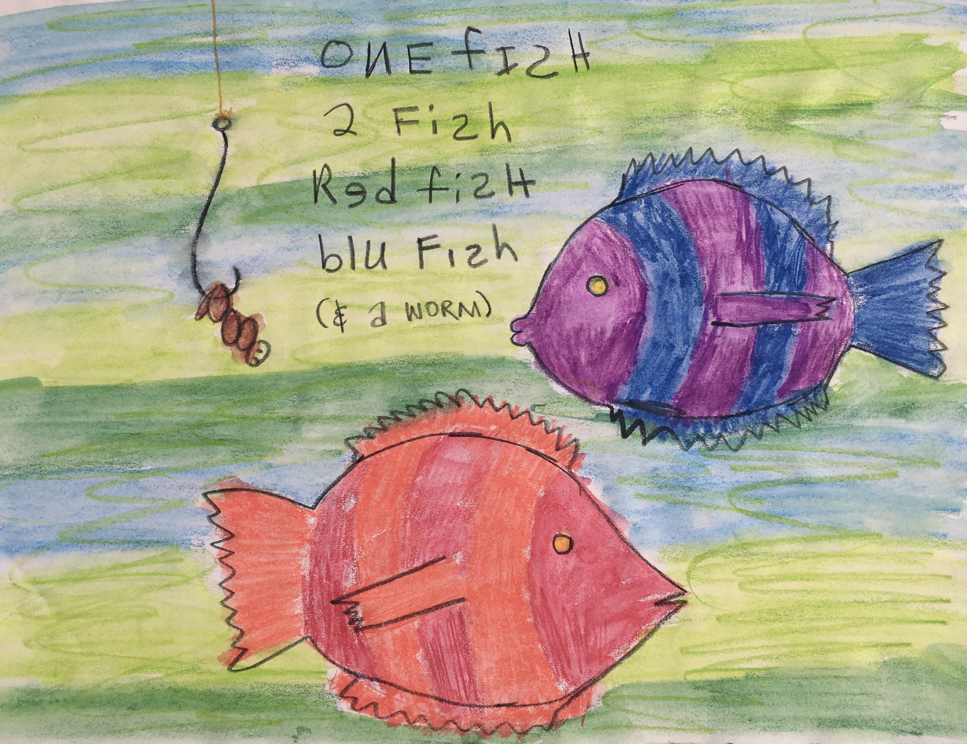 One Fish 2 Fish Red fish blu Fish (& a Worm), 1994
Colored Markers on Paper, Walli White, artist